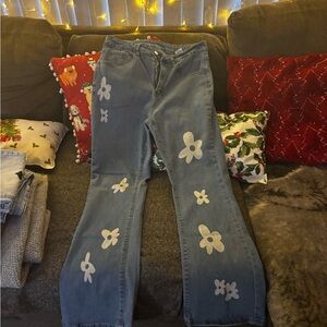 SHEIN Blue Jeans with White Floral Accents